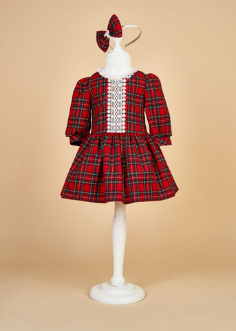 Girls Dress Red Plaid Cotton With Green Lace Collar Cream AnneBebe