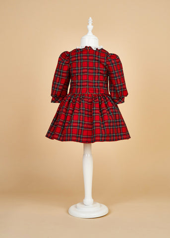 Girls Dress Red Plaid Cotton With Green Lace Collar Cream AnneBebe