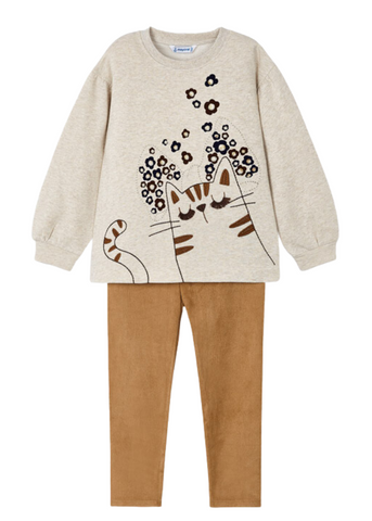 2 Piece Set for Girls, Long Sleeve Beige Blouse and Camel Velvet Tights 4789 Mayoral