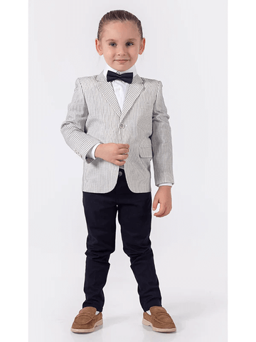 White jacket suit with navy blue stripes, white shirt, pants & bow tie