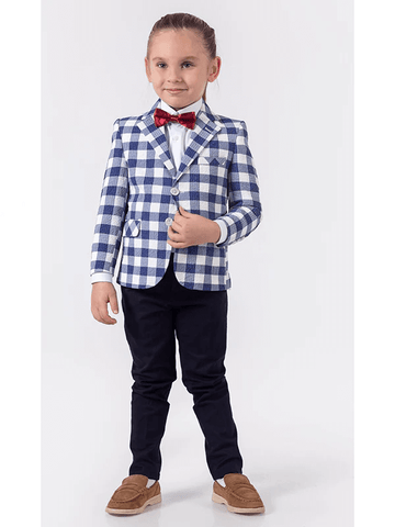 Suit blue checkered jacket white shirt navy pants & red bow tie