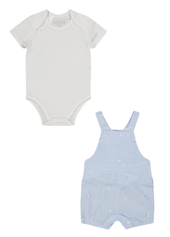 2 Piece Set, White Body and Short Overalls with Blue Stripes and Bows P4GG02 Guess