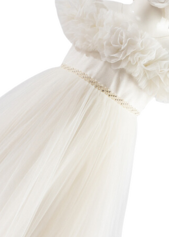 Long Cream Tulle Ceremony Dress with Ruffles on Bust 6012 Lugu