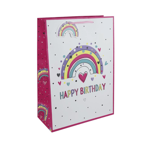 White Gift Bag with Rainbow Pattern Happy Birthday