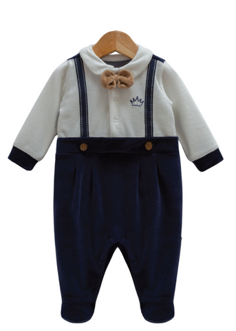 Long Jumpsuit for Boys Navy Blue Ivory Cotton & Beige Bow Tie 9429 Caramell