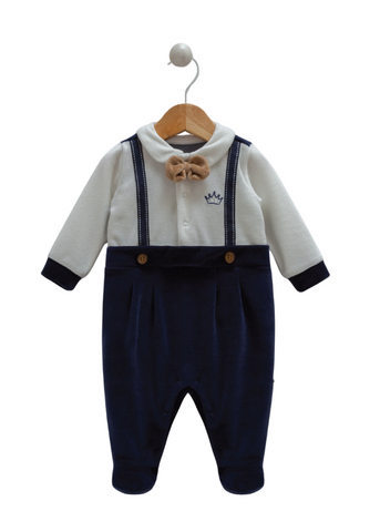 Long Jumpsuit for Boys Navy Blue Ivory Cotton & Beige Bow Tie 9429 Caramell