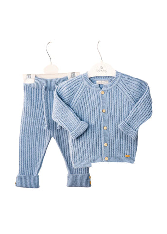 Set 2 Pese Cardigan cu Nasturi si Pantaloni Baietei Bleu din Lana Merinos 9515