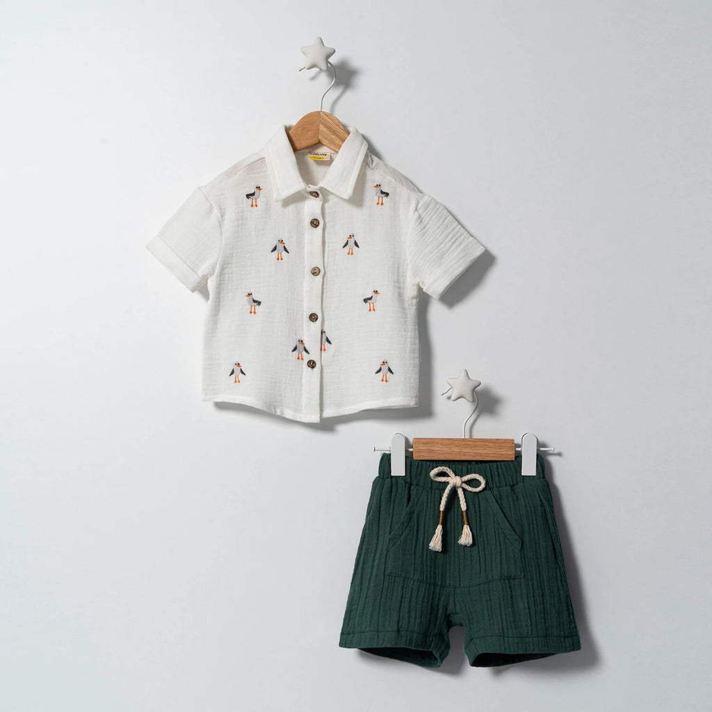 Set of 2 Pieces Cream Shirt With Birds & Green Muslin Shorts Boys Cumino 3027