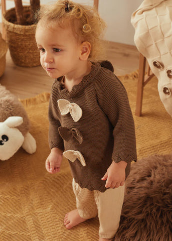 Set of 2 Knitted Cotton Pieces for Girls, Brown Sweater and Cream Overalls 21028 Patique