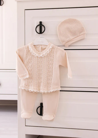 3 Piece Set Blouse with Lace Pants and Hat Girls Beige Cotton 10816 Leo King