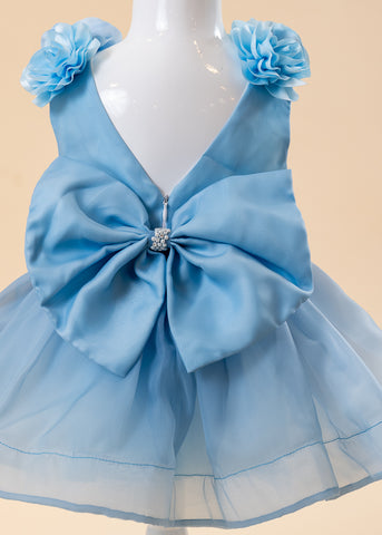Blue Bust Taffeta Ceremony Dress with Flowers on Shoulders and Waist and Organza Skirt 6022 Lugu