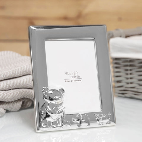 silver baby photo frame with animal pattern