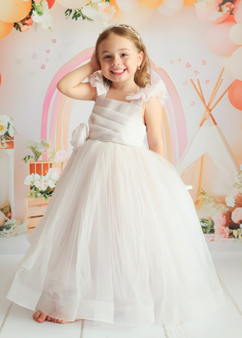 Rochie Lunga pentru Ceremonie, Mov cu Bust din Organza cu Pliseuri, Cristale si Margele pe Umeri si Fusta din Tulle 2952 Mon Princess