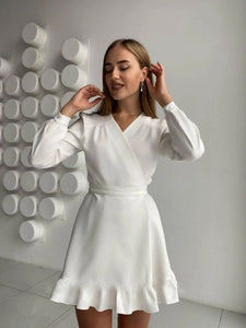 Sweet Ruffles A Line Robe Dress Party Bandage Long Sleeve High Waist Slim Fashion Mini White Dress