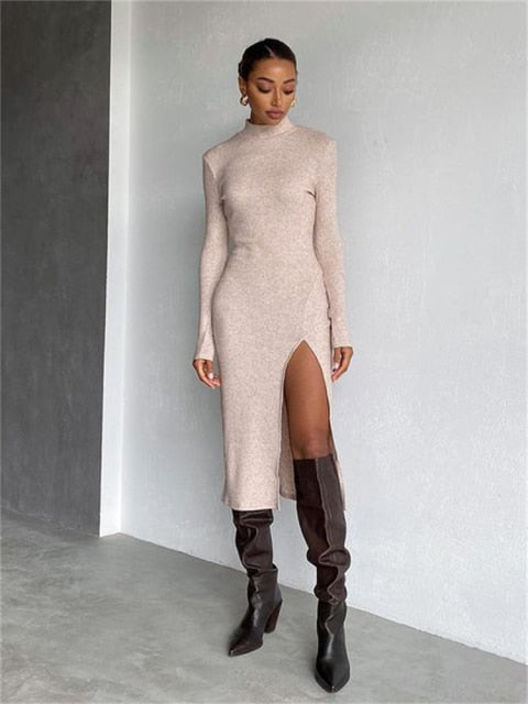 Forefair 2021 Autumn Winter Knitted Long Sleeve O Neck Women Midi Dress Casual Party Club Split Sexy Fashion Women's Dresses