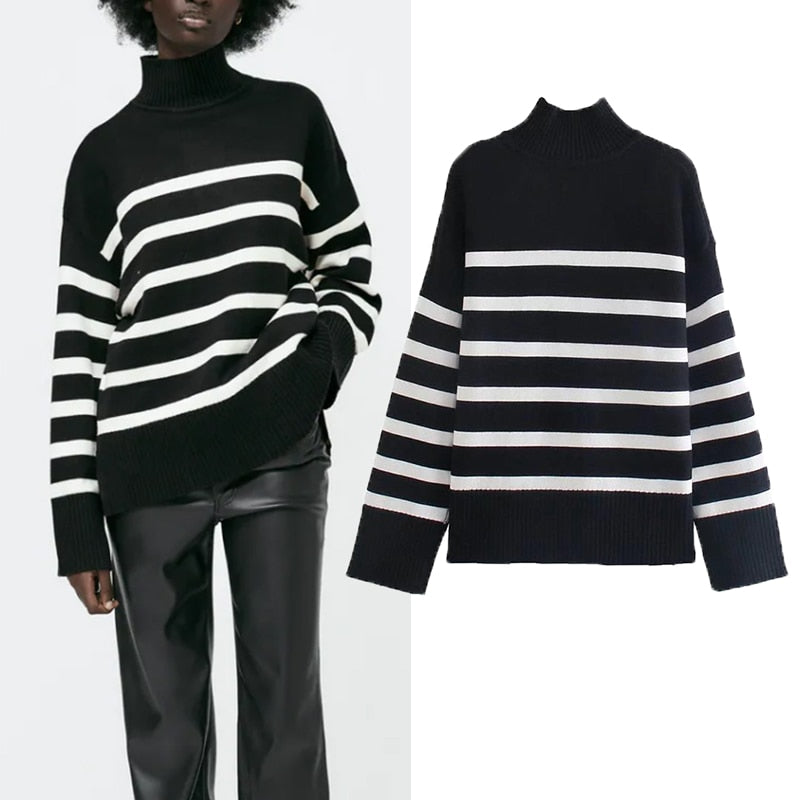 Fashion elegant high neck loose striped black women Sweater pullover Autumn new Sweater street chic women Sweater