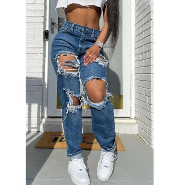 Ripped Jeans Blue Water Big Ripped Hole Fringed Mid Rise Jeans St Frenchie Style Store