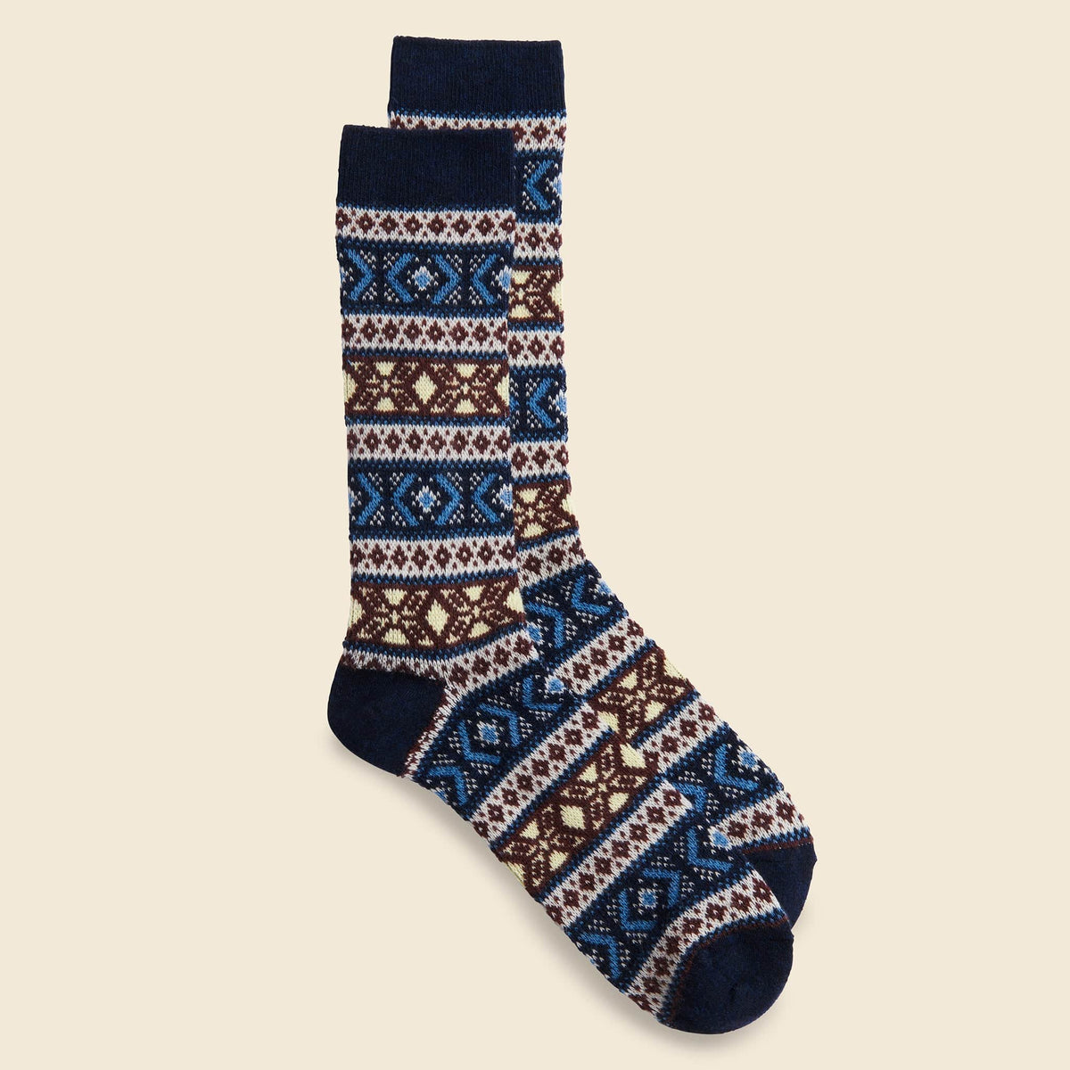 Wool Jacquard Crew Sock - Navy