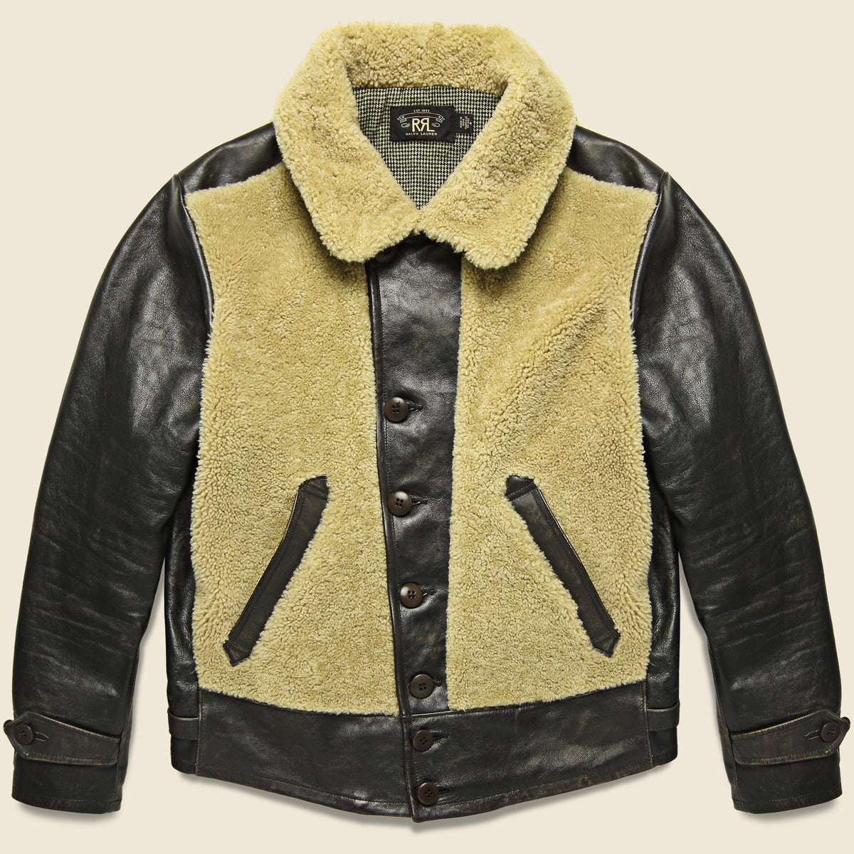 Shearling-Leather Motorcycle Jacket - Black/Cream