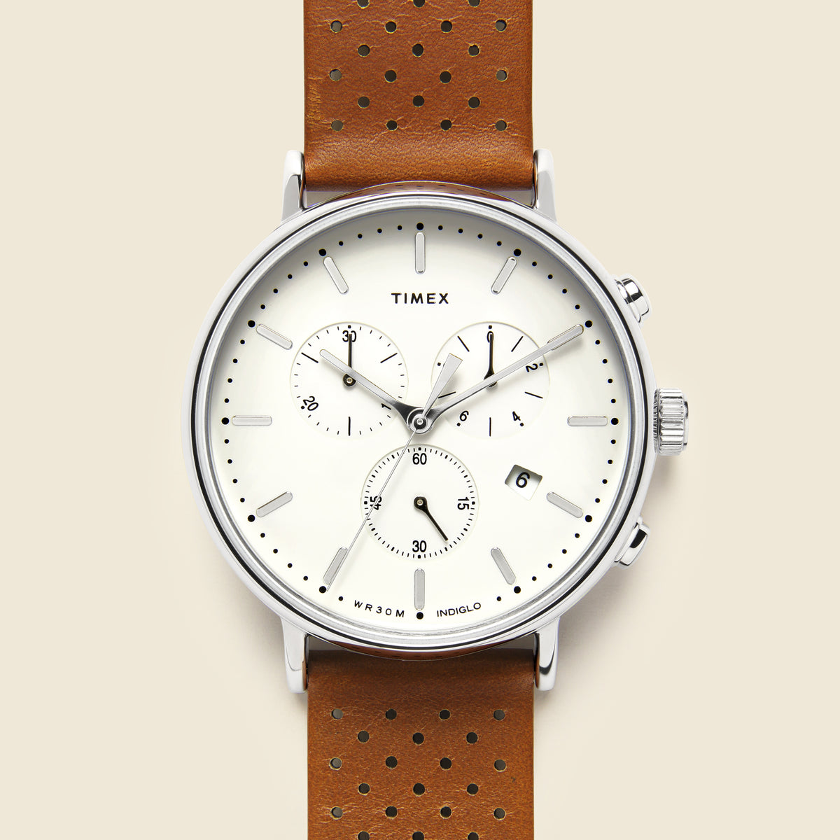 Fairfield Chronograph Leather Strap Watch 41mm - Silver Tone/Tan/White