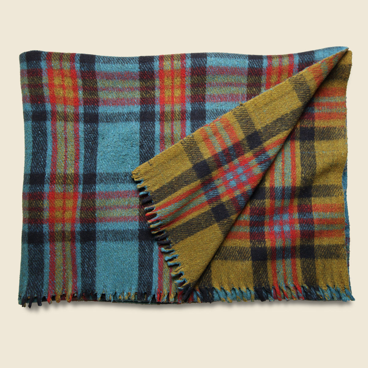 Vintage Indian  Wool  Plaid Blanket Olive Red Teal