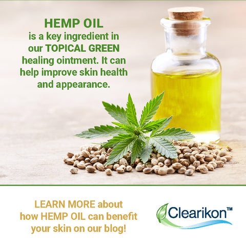 Hemp oil is a key ingredient in our Topical Green healing ointment. It can help improve skin health and appearance. Learn more about how hemp oil can benefit your skin on our blog! Image is of hemp oil, seeds, and leaf.