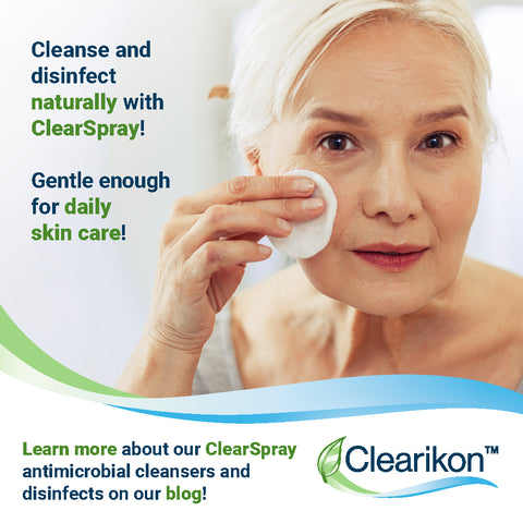 Cleanse and disinfect naturally with ClearSpray! Gentle enough for daily skin care! Learn more about our ClearSpray antimicrobial cleansers and disinfects on our blog! Image: elderly woman cleaning her skin with cotton pad.