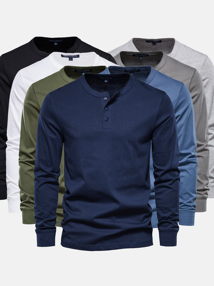 M's Cotton long Sleeve T-shirt-Henley | Ahaselected