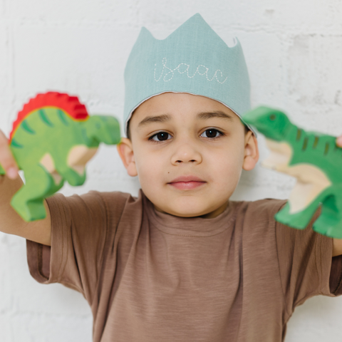 boy wearing blue dress up crown playing with dinosaurs