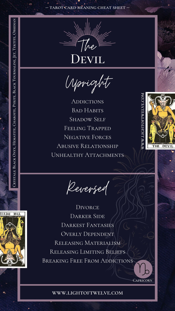 Free Printable the Devil Tarot Card Cheatsheet with the picture of the upright and reversed Devil tarot cards, as well as the upright and reversed associated keywords for a tarot reading.