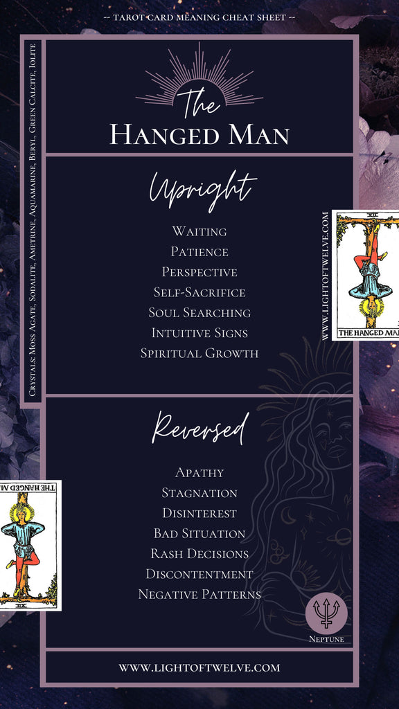 Free Printable the Hanged Man Tarot Card Cheatsheet with the picture of the upright and reversed Hanged Man tarot cards, as well as the upright and reversed associated keywords for a tarot reading.
