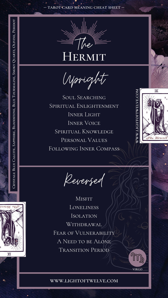 Free Printable the Hermit Tarot Card Cheatsheet with the picture of the upright Hermit and the Hermit reversed, as well as the upright and reversed associated keywords.