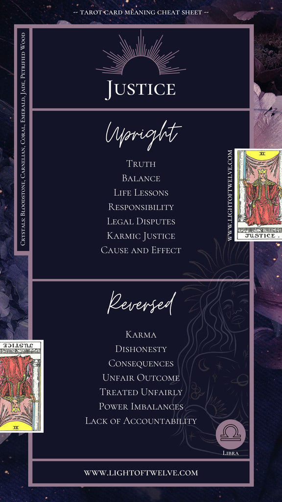 Free Printable Cheat Sheet Images. The upright justice and reversed justice card associated Keywords of the Major Arcana card, The Justice Tarot Card.