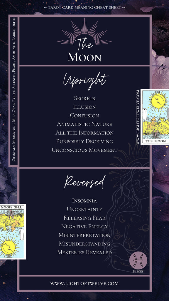 Free Printable the Moon Tarot Card Cheatsheet with the picture of the upright and reversed Moon tarot cards, as well as the upright and reversed associated keywords for a tarot reading.