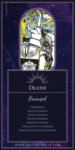 Printable Images of the reversed Death tarot meaning of the Major Arcana. The keywords are:  Depression, Fear of Change, Living Unaware, Delayed Endings, Resisting Change, Unhealthy Attachments, Repeating Negative Patterns