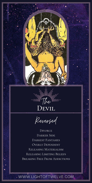 Printable Images of the reversed the Devil tarot meaning of the Major Arcana. The keywords are: Divorce, Darker Side, Darkest Fantasies, Overly Dependent, Releasing Materialism, Releasing Limiting Beliefs, Breaking Free From Addictions