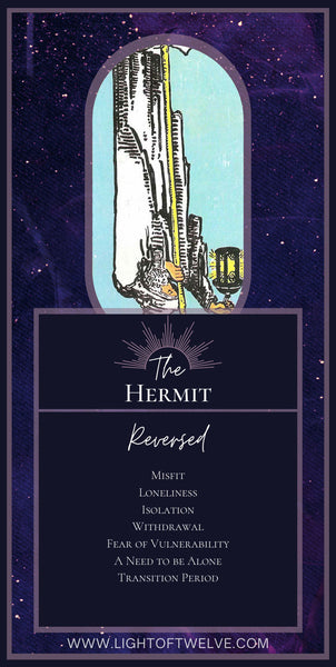 Free Printable Images of the reversed Hermit tarot meaning. The keywords are: Misfit, Loneliness, Too Much Focus, Need to be Alone, Transition Period, Stuck in our Ways, Fear of, Vulnerability