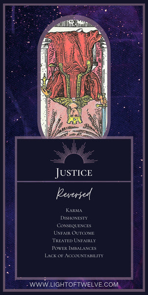 Printable Images of the Reversed Justice Tarot Meaning. The listed key words are: Consequences, Karma, Treated Unfairly, Unfair Outcome, Power Imbalance, Dishonesty, Lack of Accountability