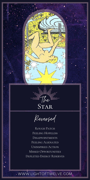 Printable Images of the reversed Star tarot meaning of the Major Arcana in the Rider Waite tarot deck. The keywords are:  Rough Patch, Feeling Hopeless, Disappointments, Feeling Alienated, Uninspired Action, Missed Opportunities, Depleted Energy Reserves