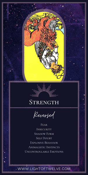 Printable Images of the reversed Strength tarot meaning of the Major Arcana. The keywords are: Fear, Insecurity, Shadow Form, Self Doubt, Explosive Behavior, Animalistic Instincts, Uncontrolled Emotions