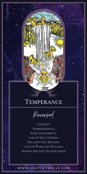 Printable Images of the Temperance reversed tarot meaning of the Major Arcana. The key words are: Conflict, Temperamental, Risky Investments, Loss of Self Control, Delaying Self Healing, Lack of Work-Life Balance, Seeking Instant Gratification