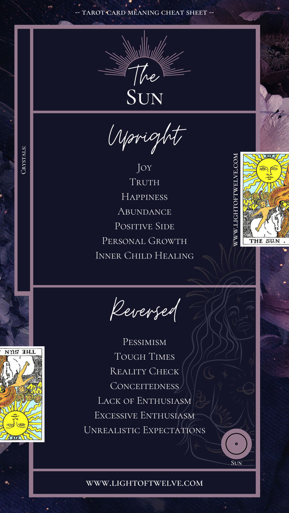Free Printable the Sun Tarot Card Cheatsheet with the picture of the upright and reversed Sun tarot cards, as well as the upright and reversed associated keywords for a tarot reading.