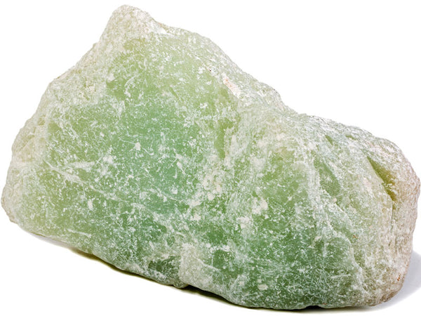 A closeup of a green steatite specimen with high talc content, often used to carve statues due to its softness.