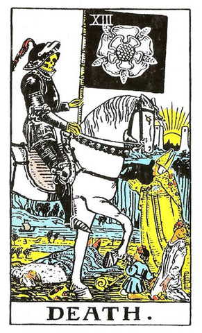 Illustration of the Death Tarot Card, often one of the feared cards, depicting a skeletal figure in black armor riding a white horse. The figure holds a black flag adorned with a white rose, symbolizing transformation. In the background, a diverse group of people, including a king, a young woman, and a child, face the rider, indicating that change is inevitable for everyone. The sun sets on the horizon, further emphasizing the theme of endings and new beginnings.