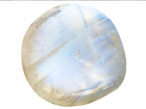 An image of a tumbled raw moonstone; used to cleanse negative energy from the pineal gland and other fleshy organs of the body.