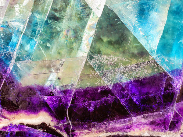 A closeup of Purple Fluorite and Green Fluorite that are comprised of Calcium Fluoride.