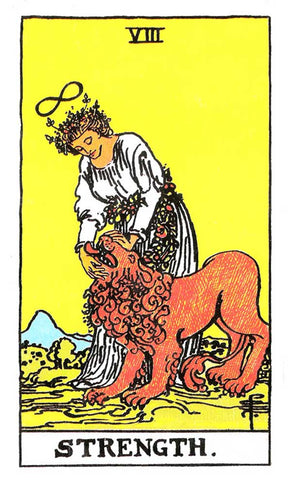 A woman wears a white robe with an infinity sign over the woman's head. The woman calmly pets a lion on it's forehead and jaw, showing her control over outside forces.