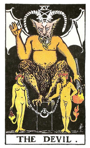 The Devil Major Arcana Card from the Rider-Waite Tarot deck depicts a half-man, half-goat-headed figure with bat wings. The Devil sits on a cubic throne in the dark, offering the Vulcan Symbol, a Jewish blessing, with an inverted pentagram on its forehead and holding a lit torch in its left hand. A naked man and woman, each with a tail, stand beside the half-goat creature, their necks chained to the throne. Despite the chains, they appear to have some slack, suggesting the possibility of breaking free. The card's background is a dark, ominous sky, emphasizing the sense of darkness and temptation associated with the Devil.