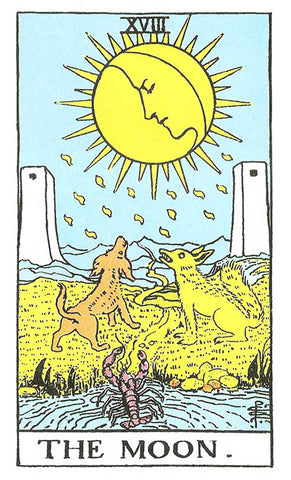 The Moon Major Arcana card depicts a large full moon, a winding path, a crayfish emerging from the water, and two towers, symbolizing intuition, life's journey, and balancing emotions.