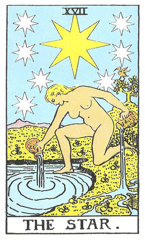 The upright star card features a naked woman balancing with one foot on dry land and the other submerged in water, pouring life-giving liquid from two containers of water, symbolizing the balance between our spiritual and practical abilities. Above her, a large star shines brightly, surrounded by seven small stars representing the chakras and our connection to the divine. The starry night sky in the background inspires hope, growth, and endless possibilities. 